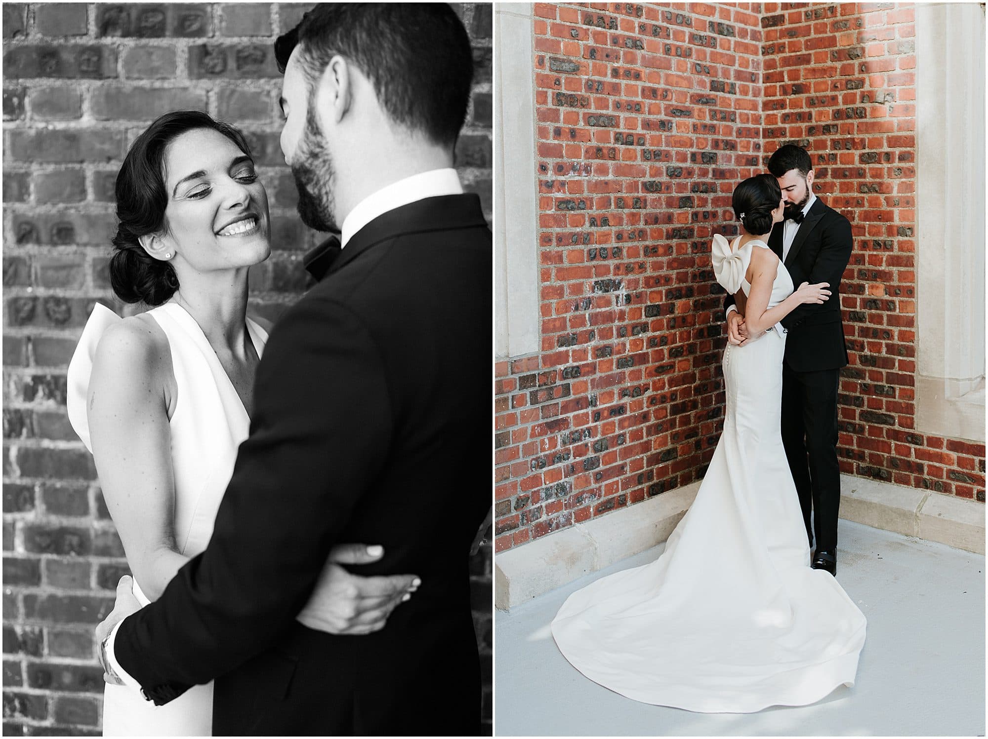 Bride in Marchesa gown, Groom in Bonobos Tux, Hugging at The Thayer Hotel
