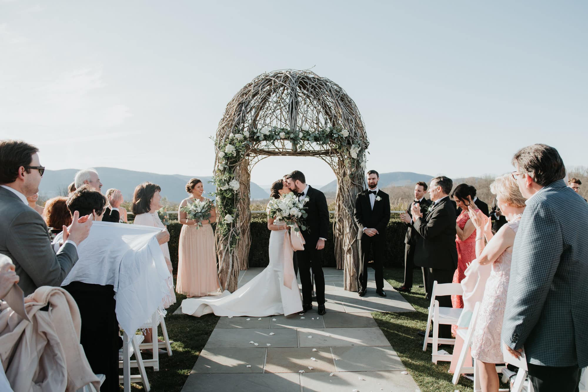 Wedding Ceremony at The Garrison, Bride in Marchesa Gown, Groom in Bonobos Tux